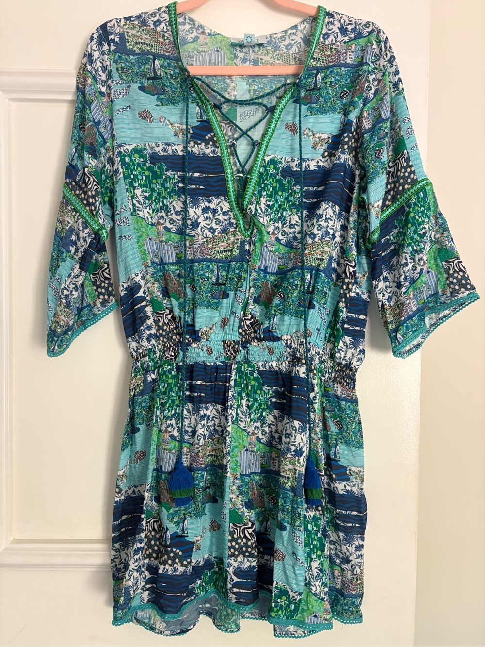 NWT Taj Sabrina Crippa Blue, Green Hand Embroidered Coverup small